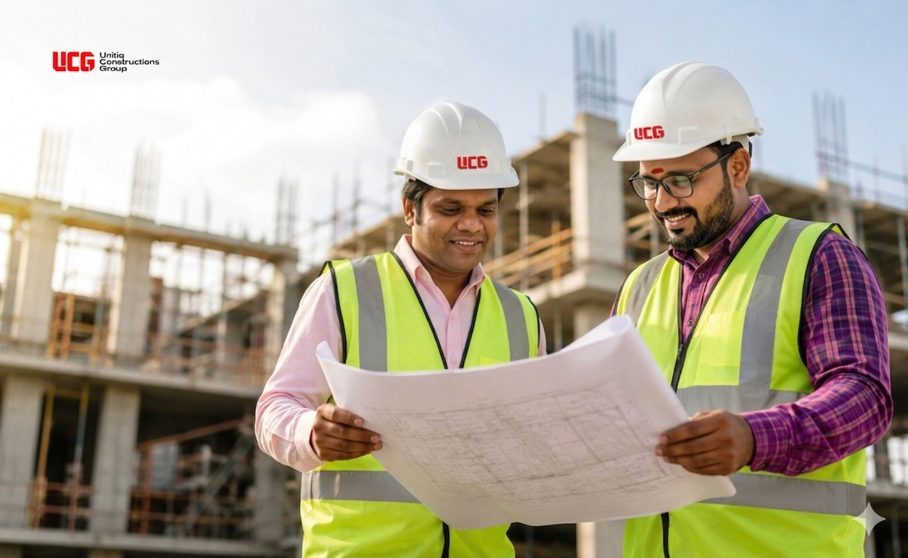 Indian construction engineers reviewing blueprints on site